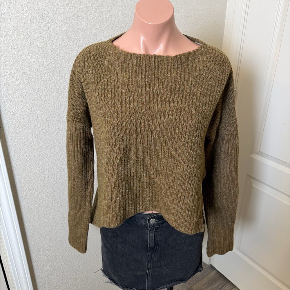 Brochu Walker Olive Green Thandee Asymmetrical Ribbed Wool Blend Sweater Size XS